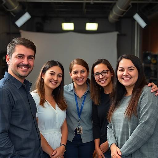The Apex Film Academy team gathered in front of a soundstage, smiling and collaborative.